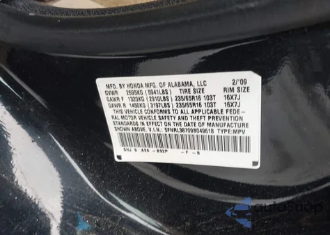 2009 Honda Odyssey Ex-L from USA, damaged, VIN 5FNRL38709B049618